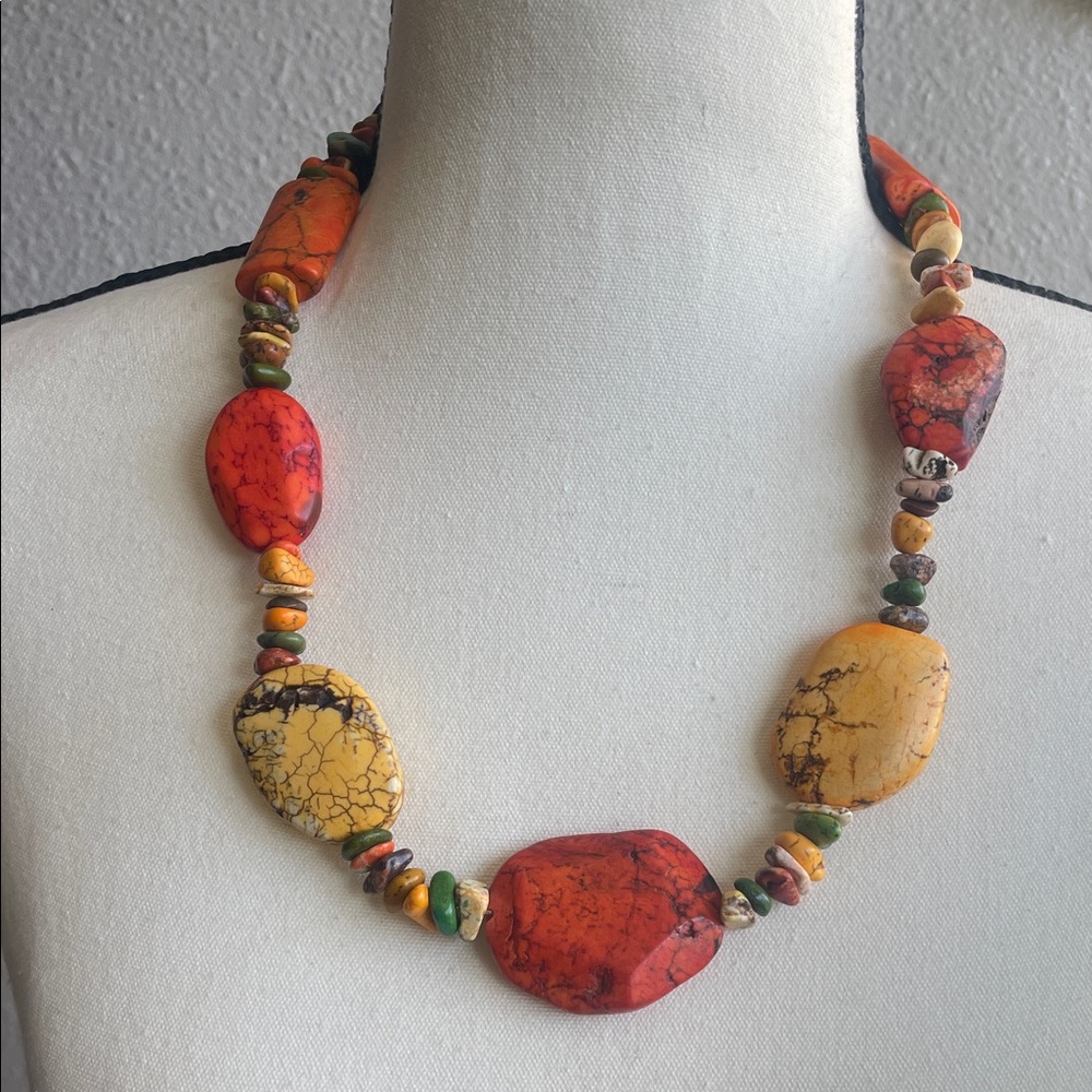 Colorful Stone Necklace with Red and Yellow Accents